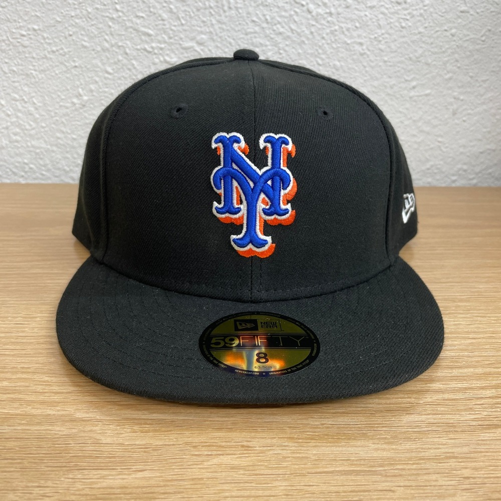 New Era 59FIFTY New York Mets Fitted Hat Black Size 8 MLB Authentic Cap